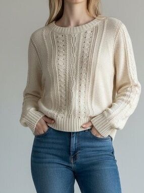 Velvet Cream Cable Crewneck Sweater